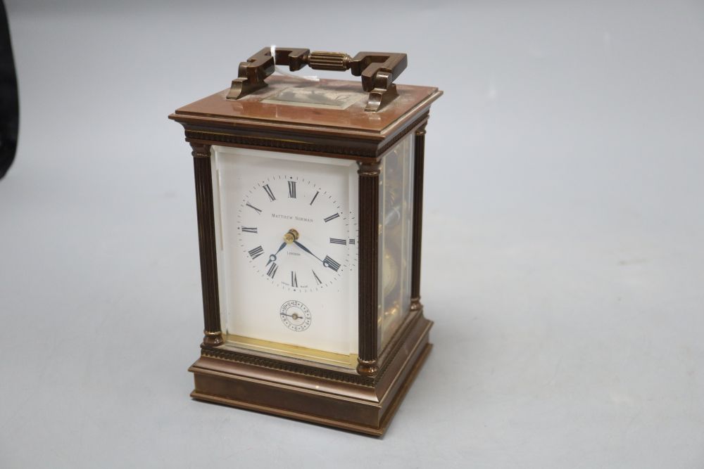 A Matthew Norman brass cased carriage clock, no.1755, overall height 16.5cm (handle down)